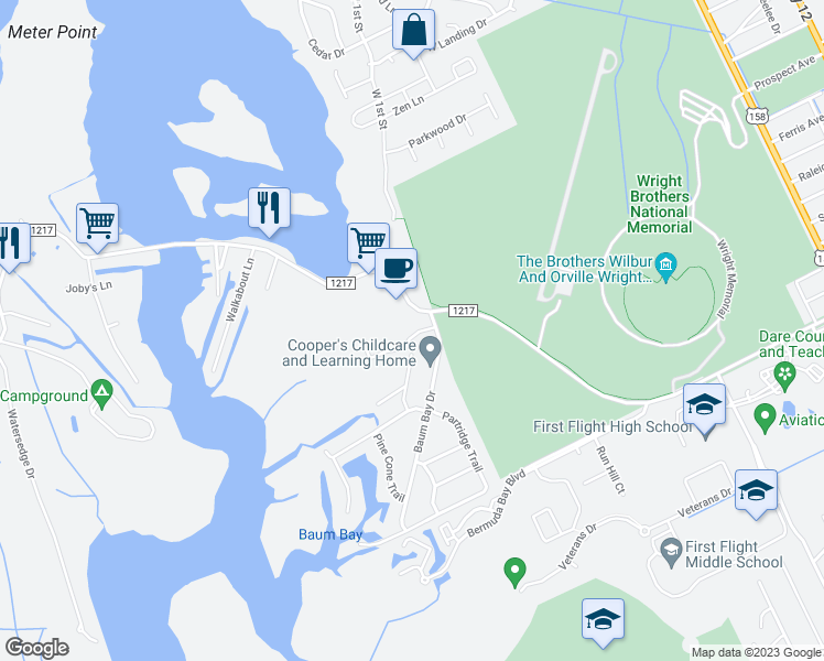 map of restaurants, bars, coffee shops, grocery stores, and more near 103 Pirates Moor Drive in Kill Devil Hills