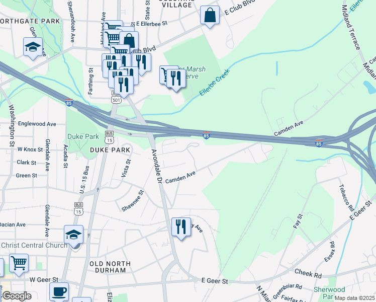map of restaurants, bars, coffee shops, grocery stores, and more near 610 East Knox Street in Durham
