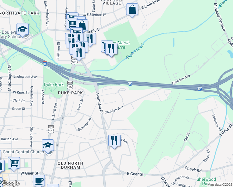 map of restaurants, bars, coffee shops, grocery stores, and more near 819 Nancy Street in Durham