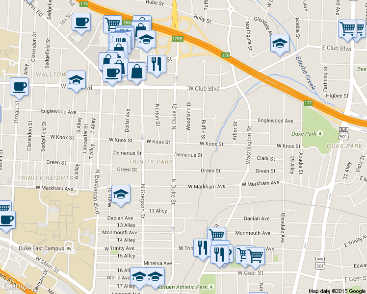 map of restaurants, bars, coffee shops, grocery stores, and more near 815 Demerius Street in Durham