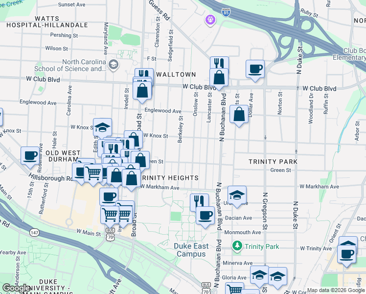 map of restaurants, bars, coffee shops, grocery stores, and more near 905 Onslow Street in Durham