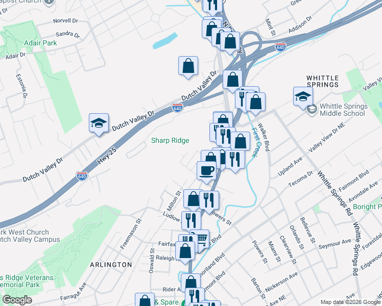 map of restaurants, bars, coffee shops, grocery stores, and more near 4216 Acuff Street in Knoxville