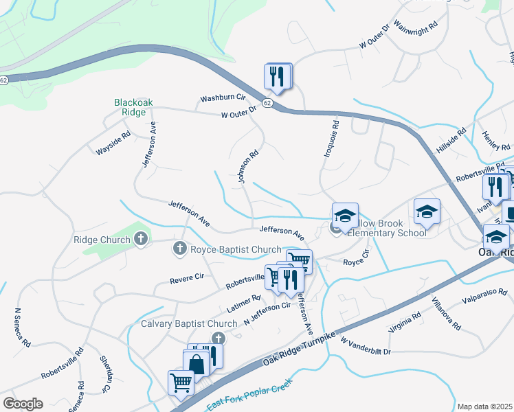 map of restaurants, bars, coffee shops, grocery stores, and more near 266 Jefferson Avenue in Oak Ridge