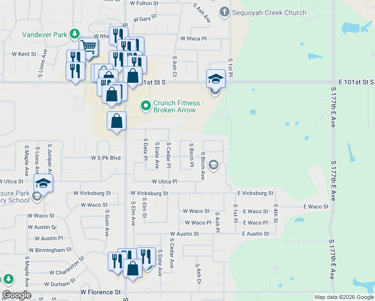 map of restaurants, bars, coffee shops, grocery stores, and more near 4101 South Birch Place in Broken Arrow