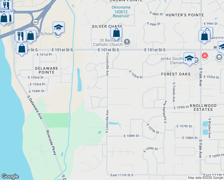 map of restaurants, bars, coffee shops, grocery stores, and more near 3605 East 104th Place in Tulsa