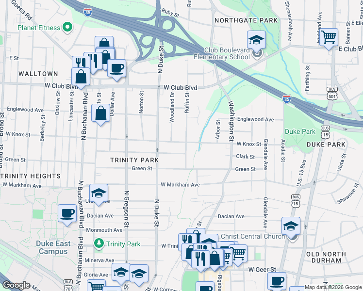 map of restaurants, bars, coffee shops, grocery stores, and more near 1212 Ruffin Street in Durham