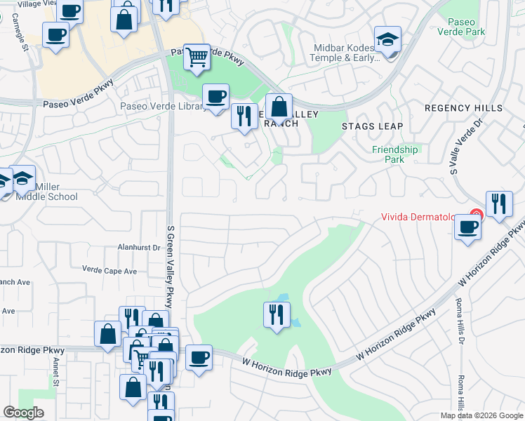 map of restaurants, bars, coffee shops, grocery stores, and more near 2136 Point Mallard Drive in Henderson