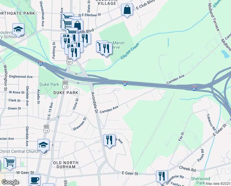 map of restaurants, bars, coffee shops, grocery stores, and more near 616 East Knox Street in Durham