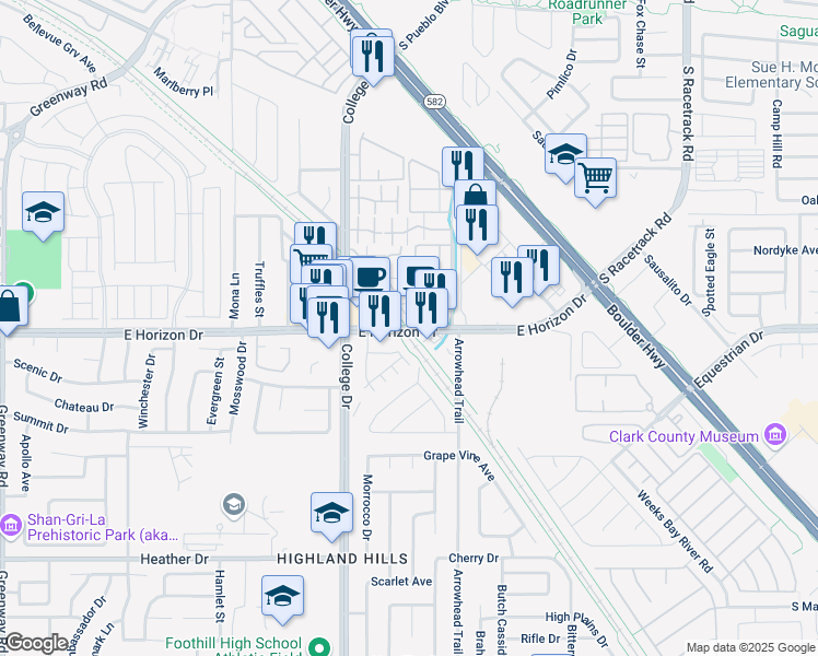 map of restaurants, bars, coffee shops, grocery stores, and more near Union Pacific Railroad Trail in Henderson