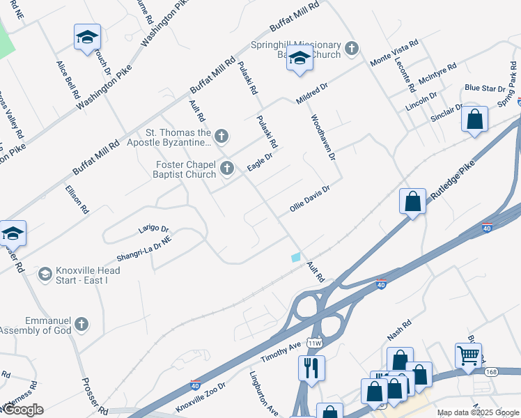 map of restaurants, bars, coffee shops, grocery stores, and more near 4212 Peacock Way in Knoxville