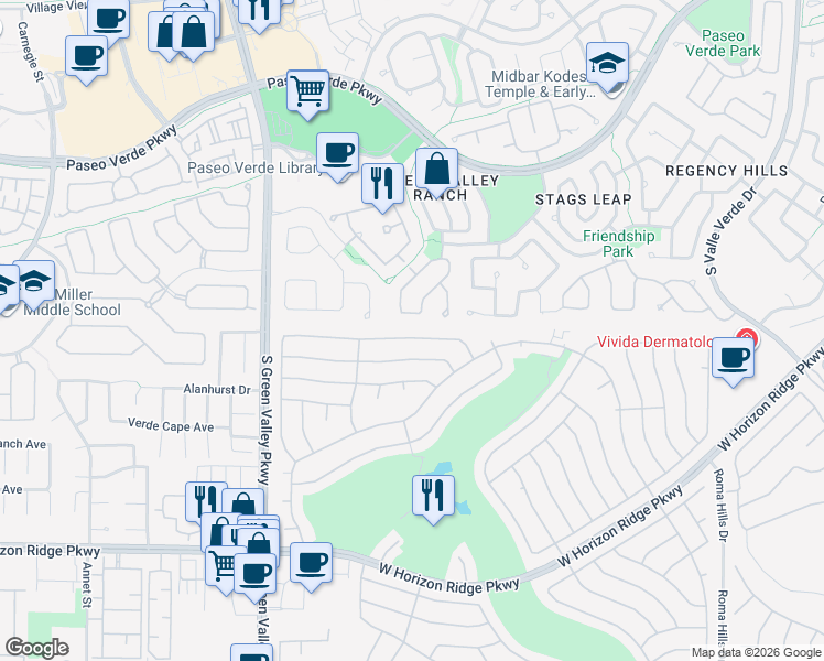 map of restaurants, bars, coffee shops, grocery stores, and more near 2136 Point Mallard Drive in Henderson