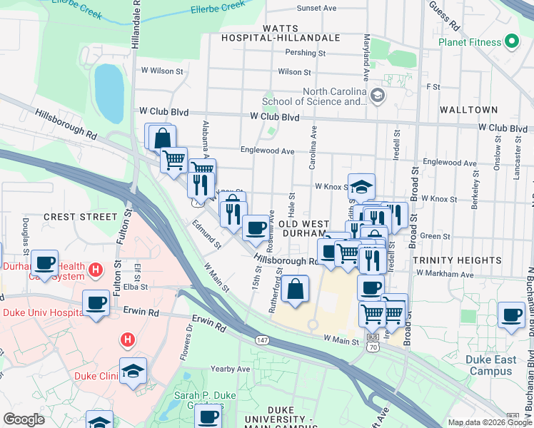 map of restaurants, bars, coffee shops, grocery stores, and more near 909 Rosehill Avenue in Durham