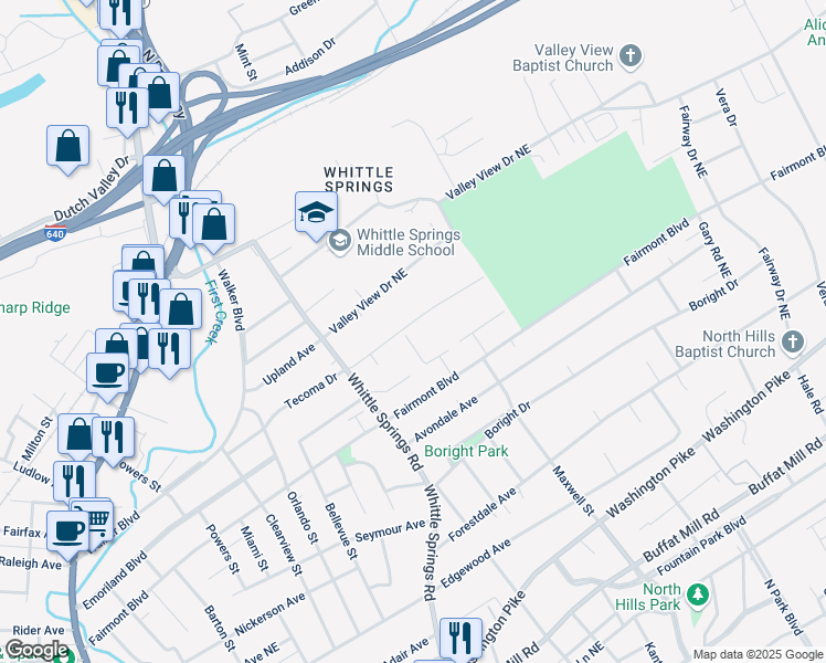 map of restaurants, bars, coffee shops, grocery stores, and more near 2827 Tecoma Drive in Knoxville