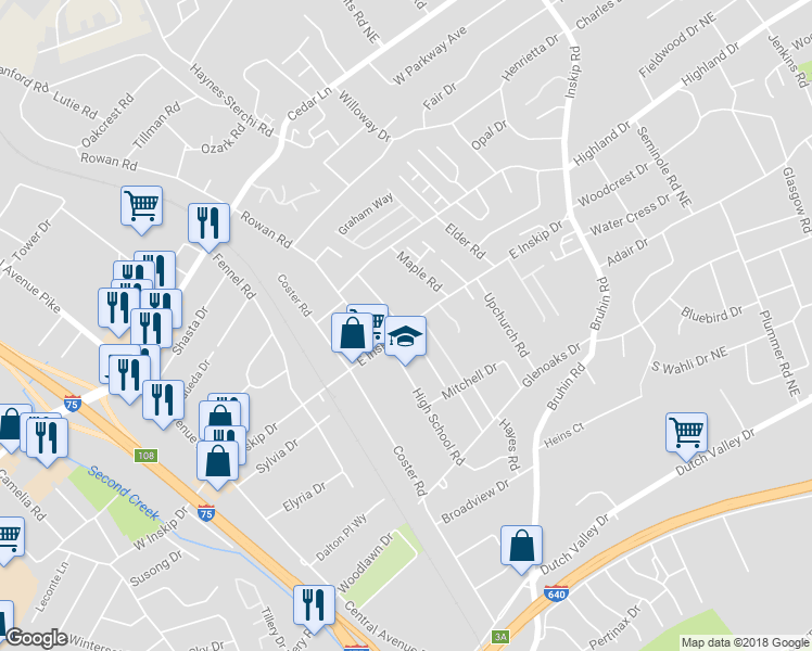 map of restaurants, bars, coffee shops, grocery stores, and more near 601 East Inskip Drive in Knoxville