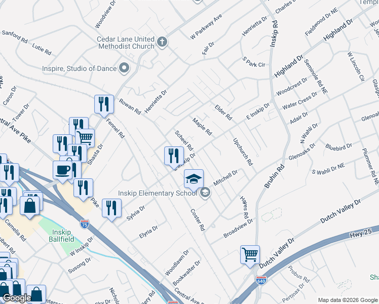 map of restaurants, bars, coffee shops, grocery stores, and more near 4800 Scheel Road in Knoxville