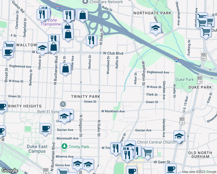 map of restaurants, bars, coffee shops, grocery stores, and more near 813 West Knox Street in Durham