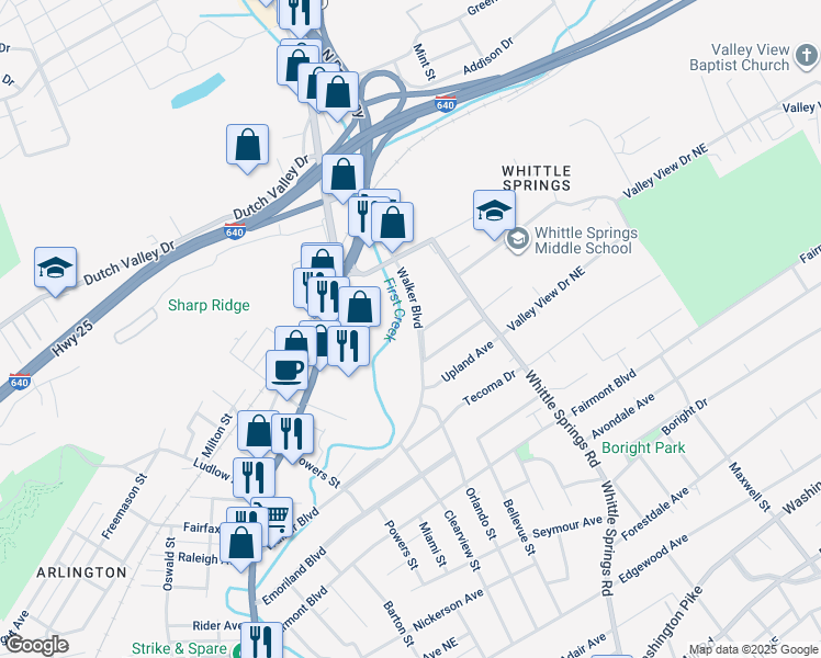 map of restaurants, bars, coffee shops, grocery stores, and more near 4401 Walker Boulevard in Knoxville