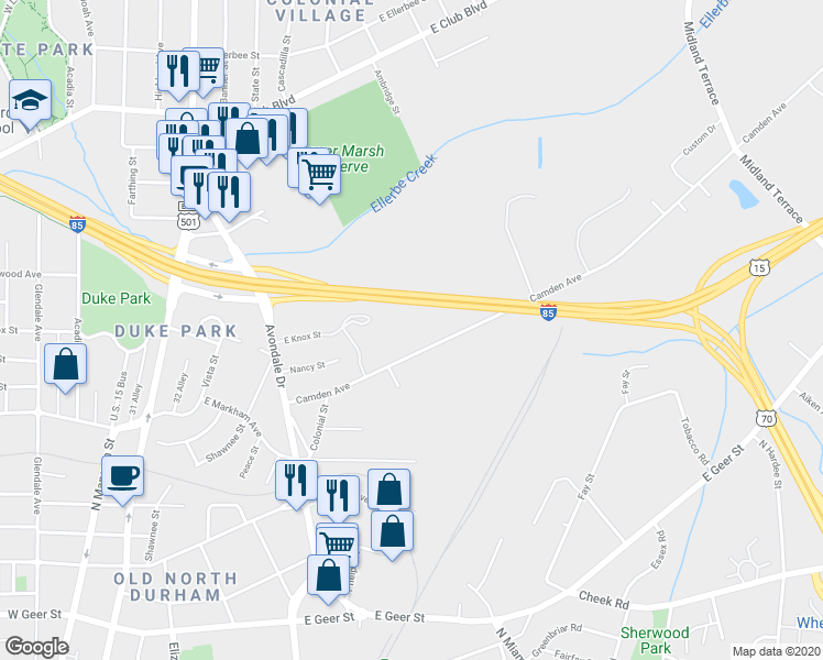 map of restaurants, bars, coffee shops, grocery stores, and more near 628 East Knox Street in Durham
