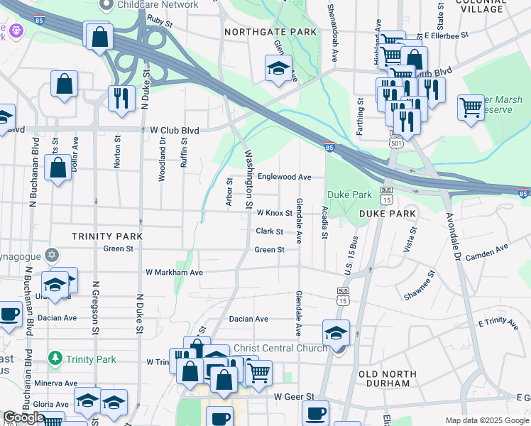 map of restaurants, bars, coffee shops, grocery stores, and more near 1408 Washington Street in Durham