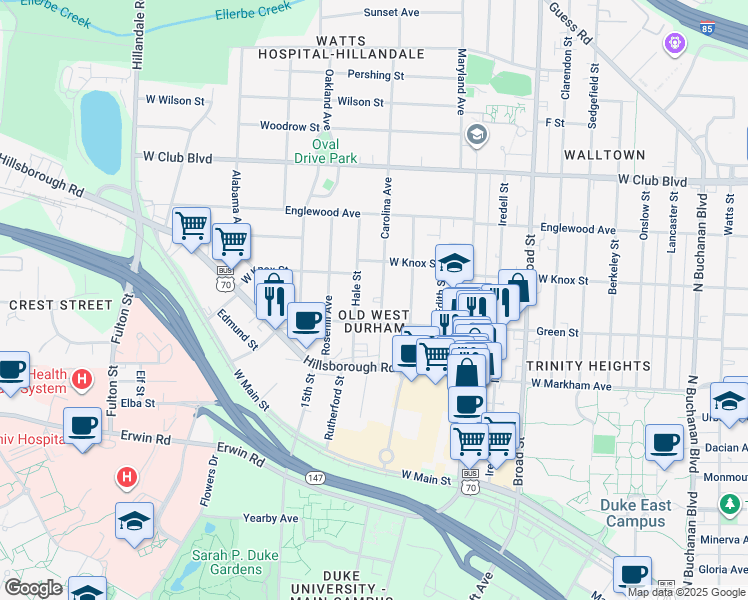 map of restaurants, bars, coffee shops, grocery stores, and more near 918 Carolina Avenue in Durham