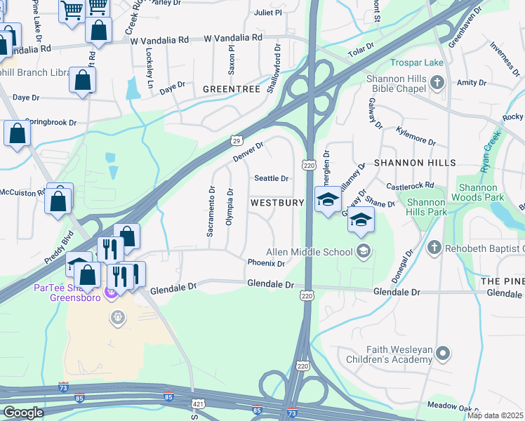 map of restaurants, bars, coffee shops, grocery stores, and more near in Greensboro