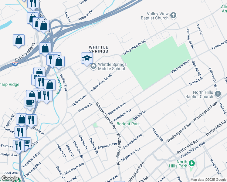 map of restaurants, bars, coffee shops, grocery stores, and more near 2827 Tecoma Drive in Knoxville