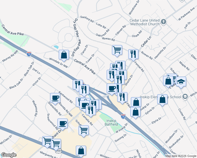 map of restaurants, bars, coffee shops, grocery stores, and more near 101 Charlene Lane in Knoxville