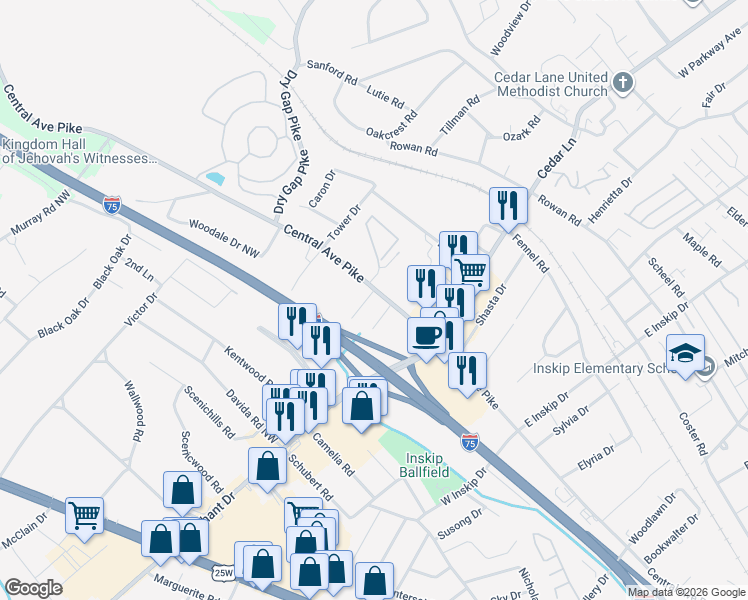 map of restaurants, bars, coffee shops, grocery stores, and more near 101 Charlene Lane in Knoxville