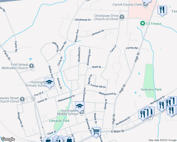 map of restaurants, bars, coffee shops, grocery stores, and more near 341 Quail Street in Huntingdon