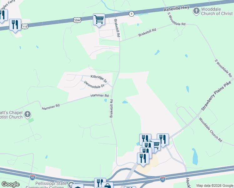 map of restaurants, bars, coffee shops, grocery stores, and more near 428 Brakebill Road in Knoxville