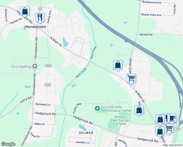 map of restaurants, bars, coffee shops, grocery stores, and more near Miller Hill Road in High Point