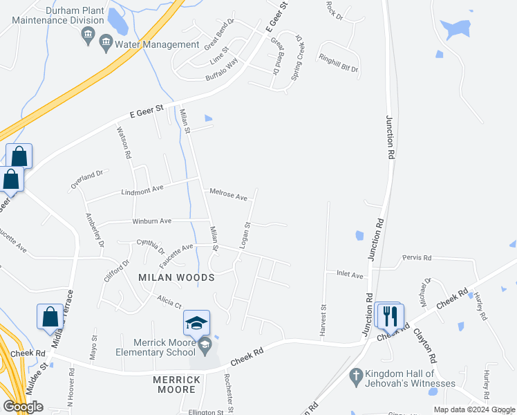 map of restaurants, bars, coffee shops, grocery stores, and more near 1610 Logan Street in Durham