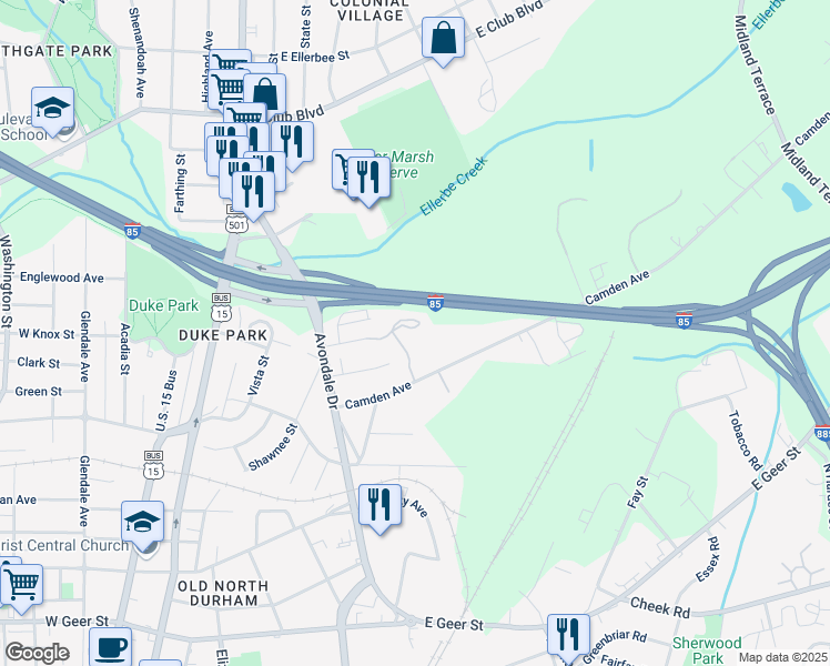 map of restaurants, bars, coffee shops, grocery stores, and more near 614 East Knox Street in Durham
