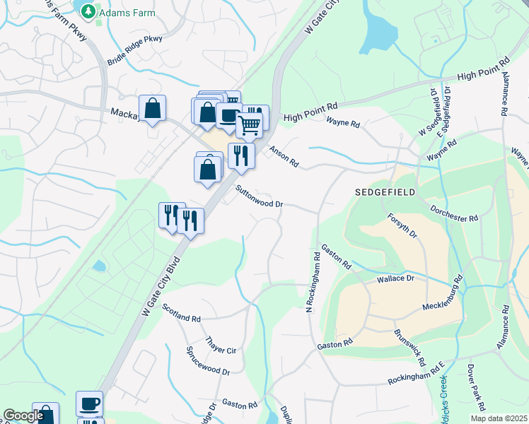 map of restaurants, bars, coffee shops, grocery stores, and more near 3210 Olde Sedgefield Way in Greensboro