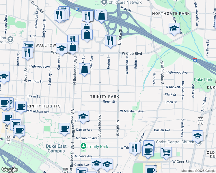 map of restaurants, bars, coffee shops, grocery stores, and more near 915 West Knox Street in Durham