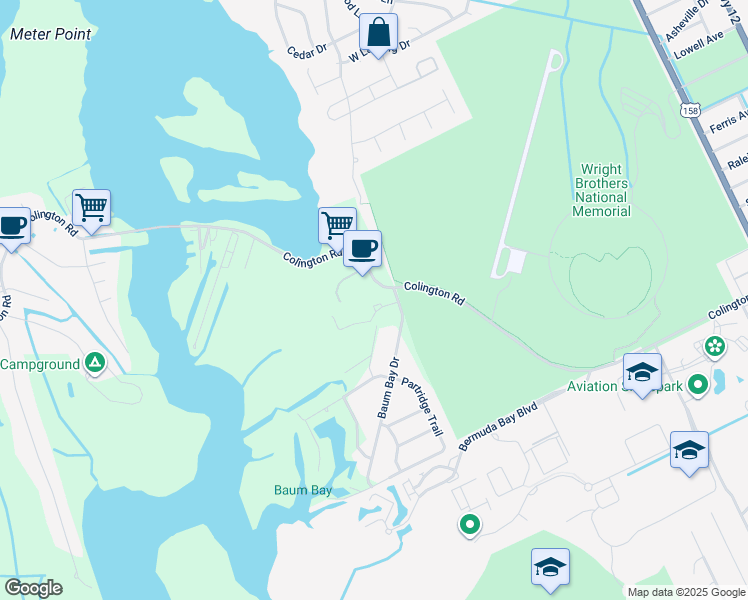 map of restaurants, bars, coffee shops, grocery stores, and more near 100-7 Pirates Moor Drive in Kill Devil Hills