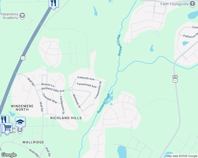 map of restaurants, bars, coffee shops, grocery stores, and more near 816 Fulworth Avenue in Wake Forest