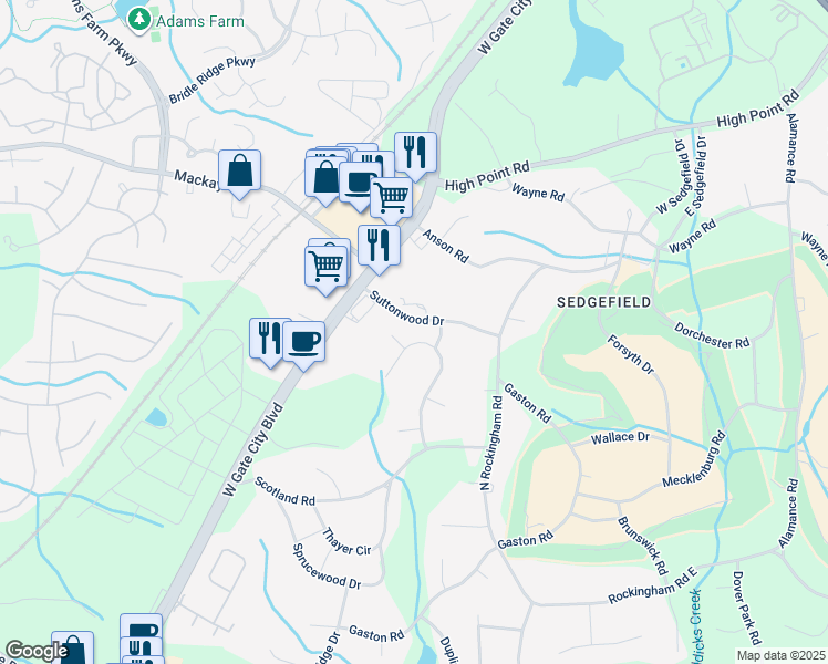 map of restaurants, bars, coffee shops, grocery stores, and more near 3210 Olde Sedgefield Way in Greensboro
