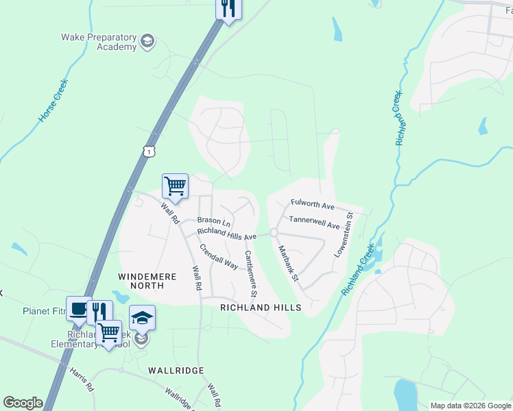 map of restaurants, bars, coffee shops, grocery stores, and more near 1416 Merrilow Court in Wake Forest