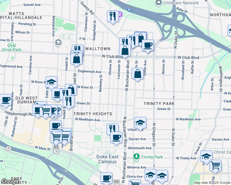 map of restaurants, bars, coffee shops, grocery stores, and more near 919 Lancaster Street in Durham