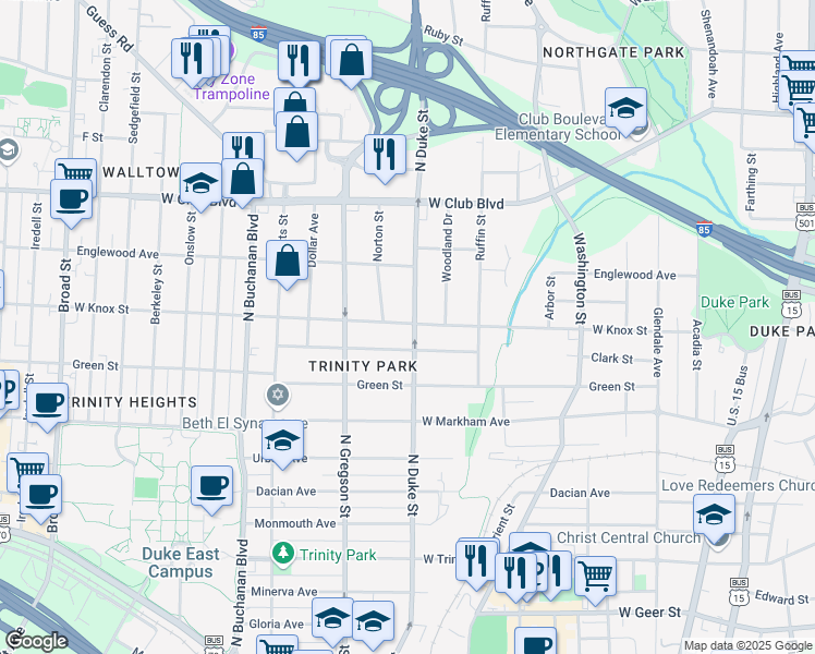 map of restaurants, bars, coffee shops, grocery stores, and more near 1311 North Duke Street in Durham