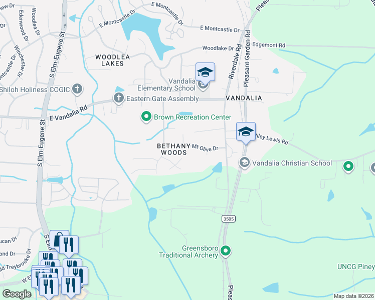 map of restaurants, bars, coffee shops, grocery stores, and more near 409 Mount Olive Drive in Greensboro