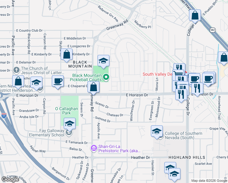 map of restaurants, bars, coffee shops, grocery stores, and more near 237 Juniper Peak Drive in Henderson