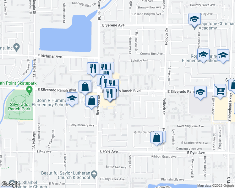 map of restaurants, bars, coffee shops, grocery stores, and more near 542 East Silverado Ranch Boulevard in Las Vegas
