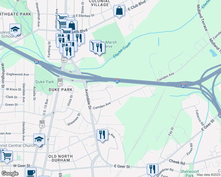 map of restaurants, bars, coffee shops, grocery stores, and more near 614 East Knox Street in Durham