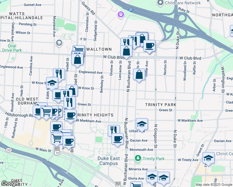 map of restaurants, bars, coffee shops, grocery stores, and more near 919 Lancaster Street in Durham