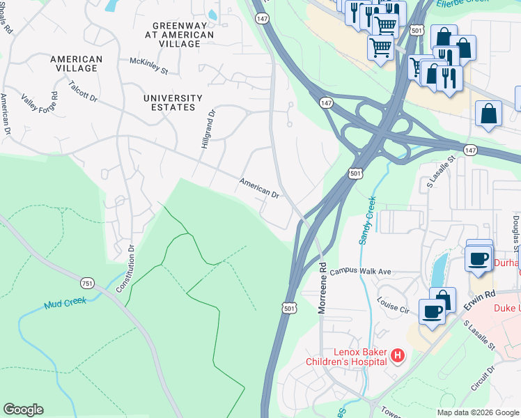 map of restaurants, bars, coffee shops, grocery stores, and more near 626 Morreene Road in Durham