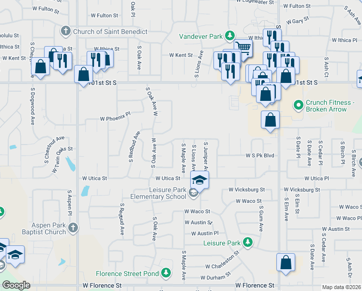 map of restaurants, bars, coffee shops, grocery stores, and more near 1204 West Roanoke Street in Broken Arrow