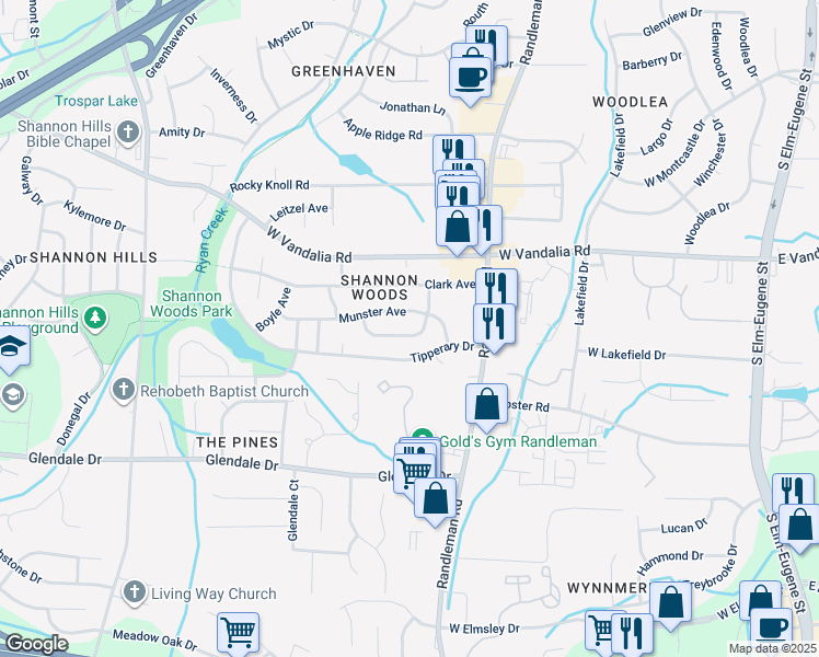 map of restaurants, bars, coffee shops, grocery stores, and more near 3104 Kilkenny Avenue in Greensboro