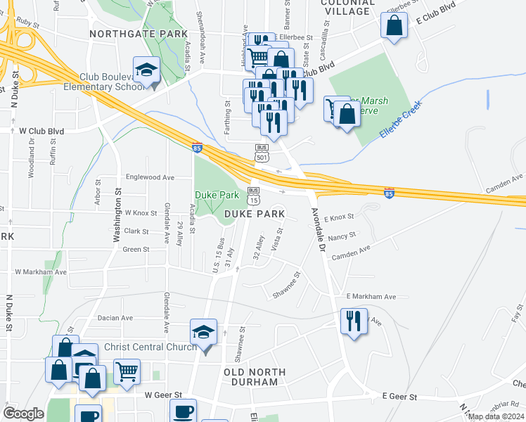 map of restaurants, bars, coffee shops, grocery stores, and more near 209 East Knox Street in Durham